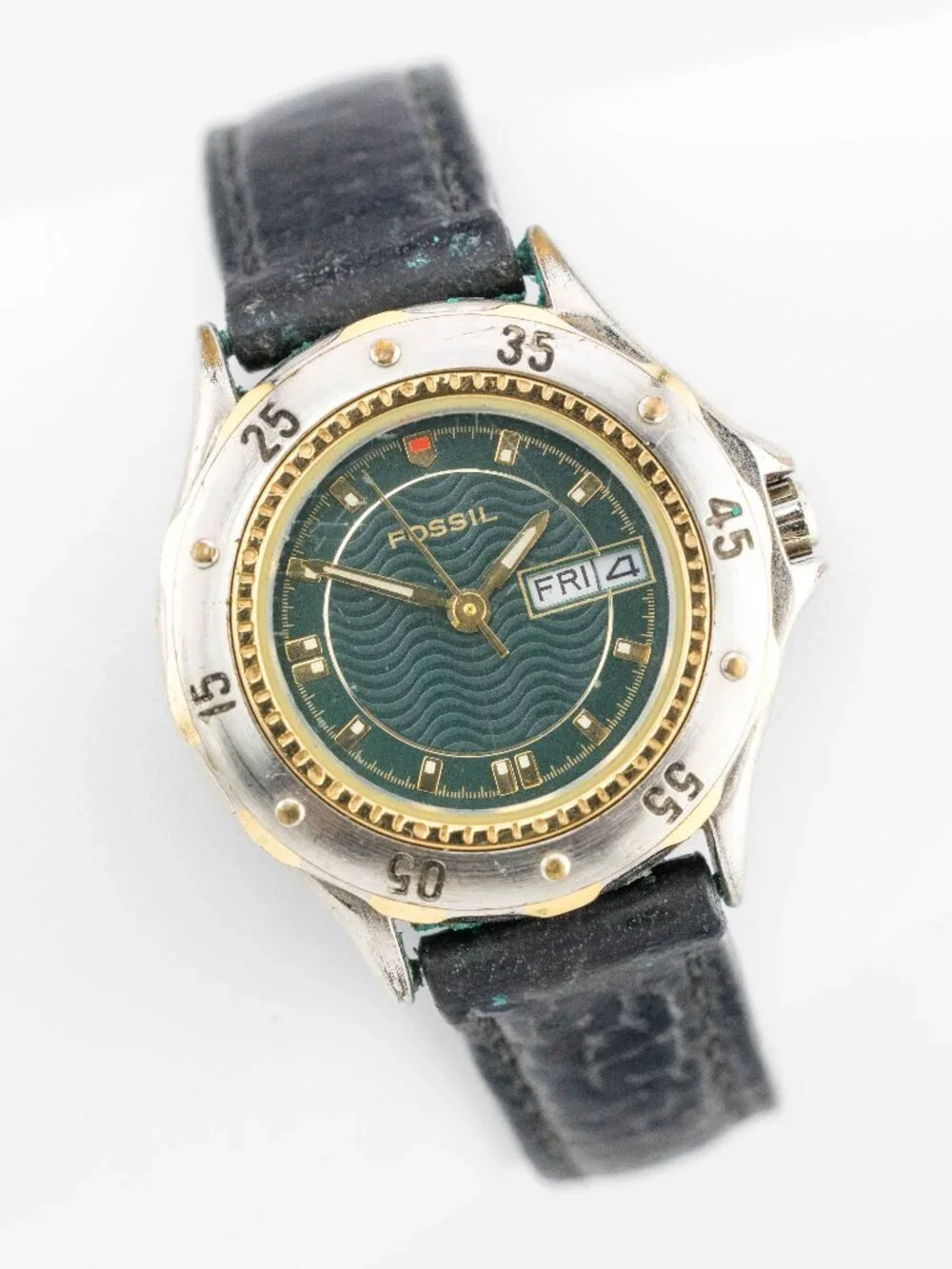 Fossil AM-3023 Green Wave Dial Day-Date Quartz Analog Men's Watch New Battery
